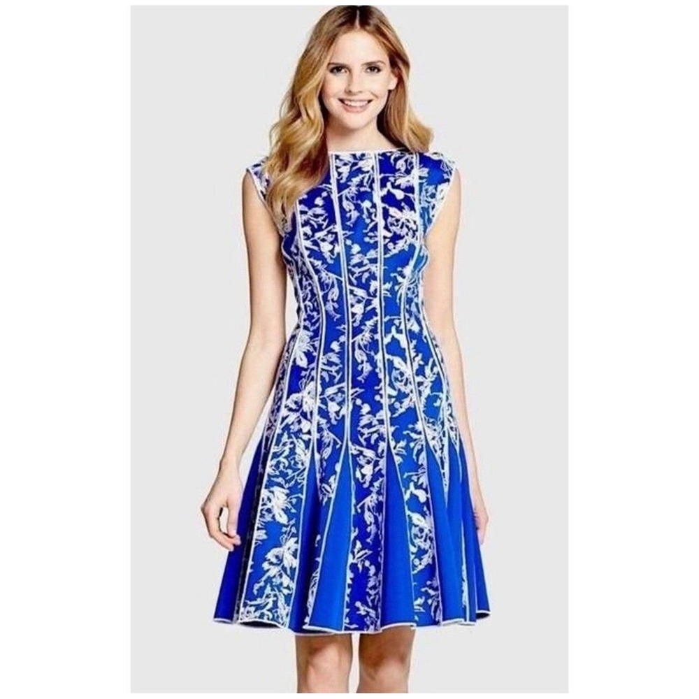 NWT Tadashi Shoji XL Sapphire Bright Blue White Floral Embroidered Dress Event